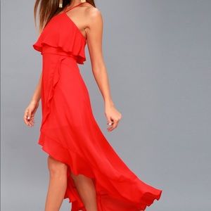 Lulus Red Magic in Milan High Low Midi Dress